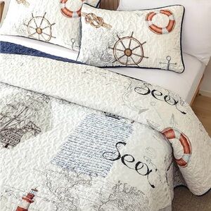 Nautical Quilted Coverlet in White and Navy with Rust Accents